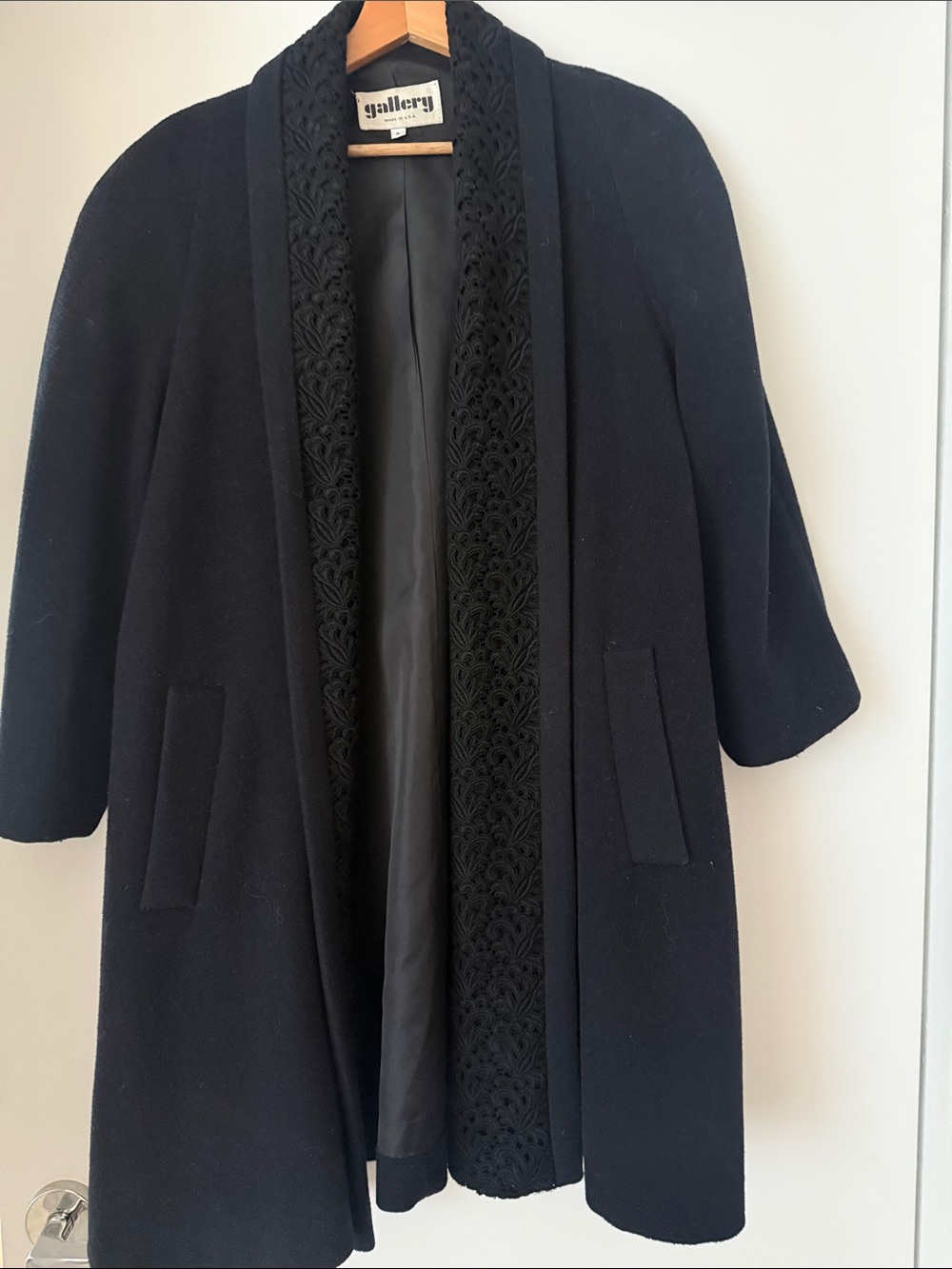 Gallery Black Women's Open Front Cape Coat with Embroidered Trim
